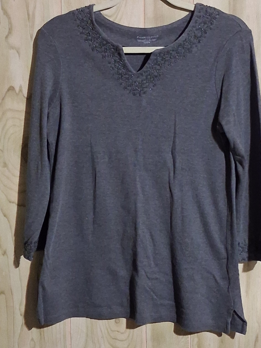 Charter Club  Charcoal Gray Embellished Notch-Neck Long Sleeve Top M